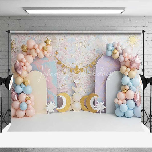Lofaris Libra Zodiac Cake Smash Backdrop Scales and Pastel Clouds Party Background for Kids Birthday