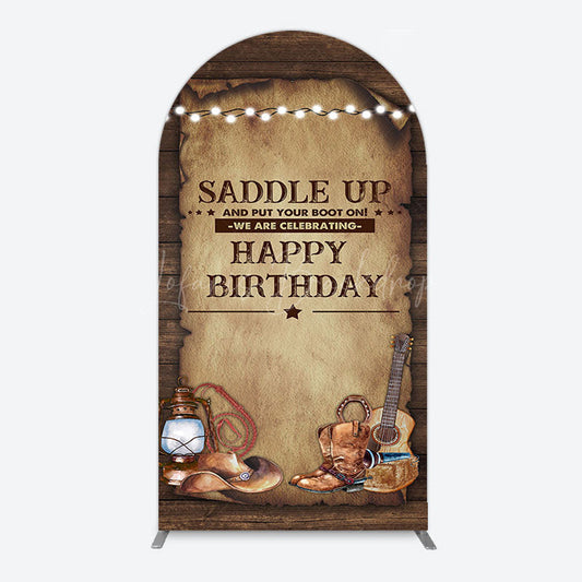 Lofaris Lighed Retro Brown Cowboy Birthday Arch Backdrop