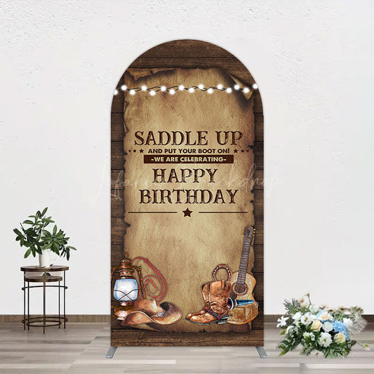 Lofaris Lighed Retro Brown Cowboy Birthday Arch Backdrop