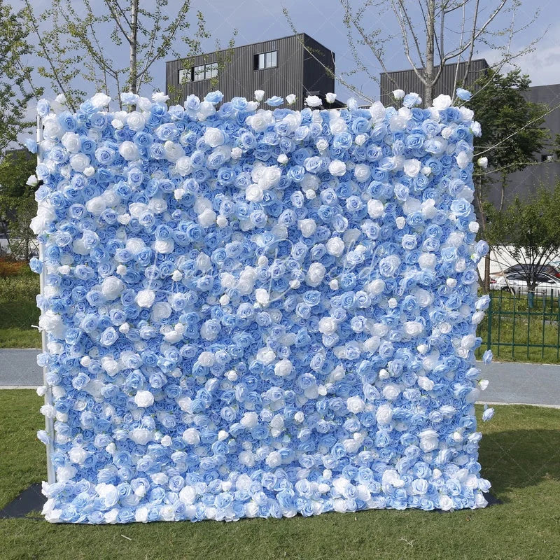Lofaris Light Blue and White Rose Artificial Flower Wall Elegant Floral Backdrop for Wedding Party Decor