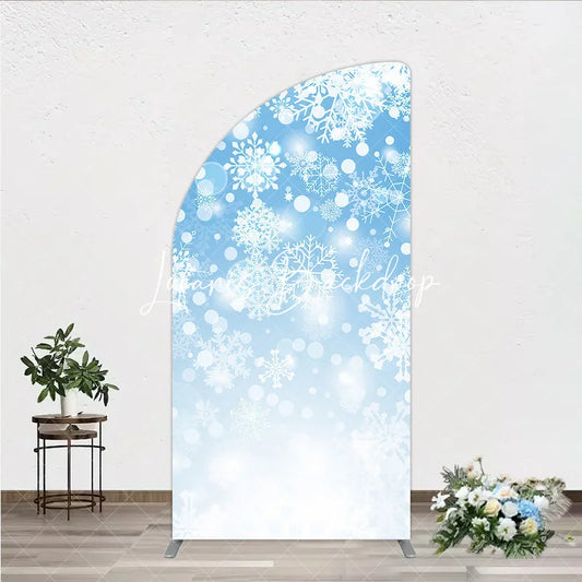 Lofaris Light Blue and White Snowflake Bokeh Winter Half Moon Arch Backdrop Dreamy Festive Holiday Party Decor