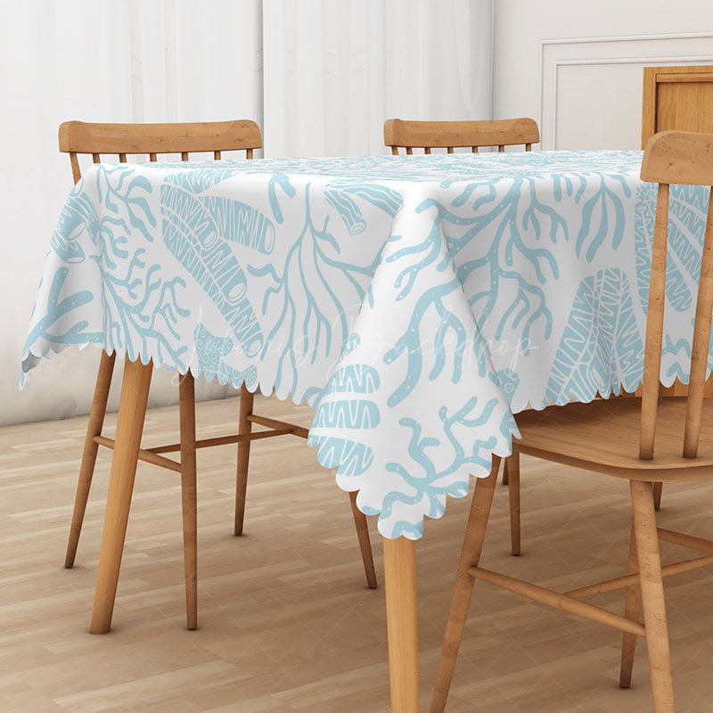 Lofaris Light Blue Coral and Seagrass Rectangle Tablecloth for Coastal Under the Sea Party Decor
