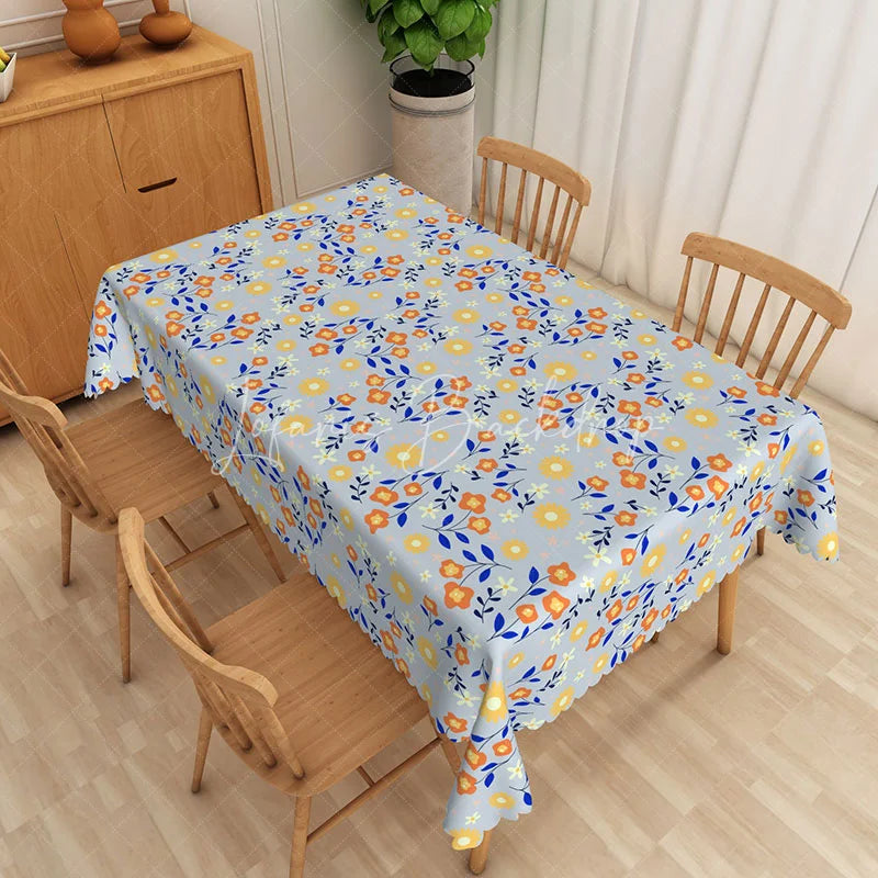 Lofaris Light Blue Daisy Floral Rectangle Tablecloth Orange Yellow Flower Dining Table Cover for Party