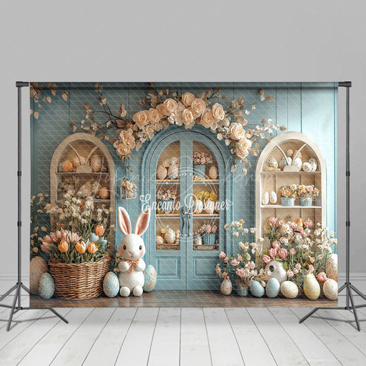 Lofaris Light Blue Floral Shelf Bunny Easter Photo Backdrop