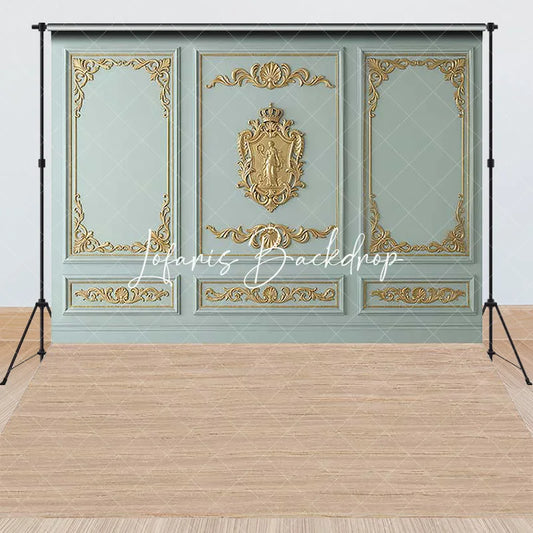 Lofaris Light Blue-Green and Gold Ornate Royal Crest Combo Set Backdrop Classic Elegant Photography Studio Prop