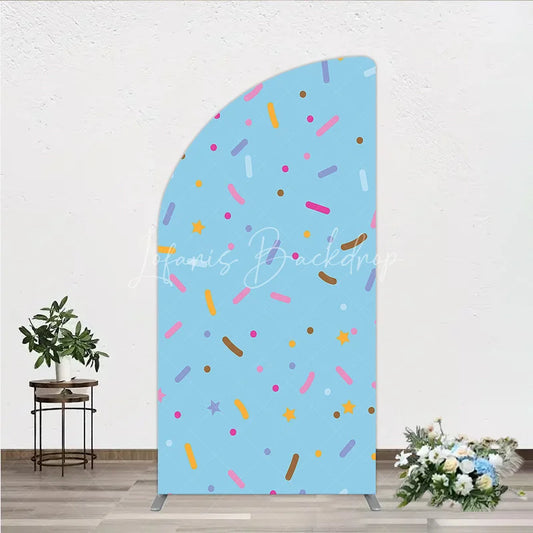 Lofaris Light Blue Half Moon Arch Backdrop with Colorful Sprinkles and Stars Sweet Candy Theme Party Decor