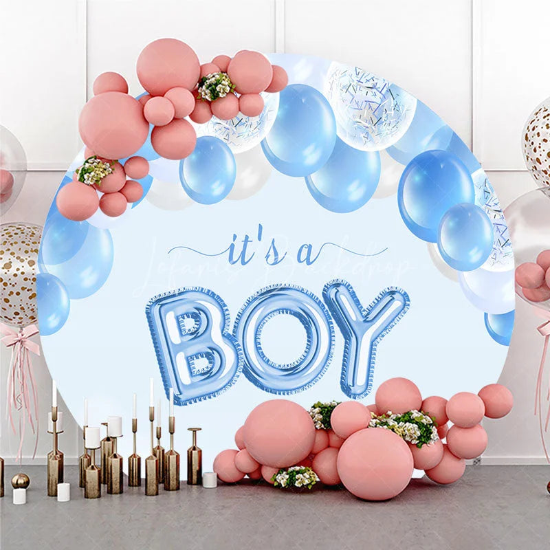 Lofaris Light Blue It’s a Boy Round Backdrop with White and Balloons Baby Shower Gender Reveal Party Decor