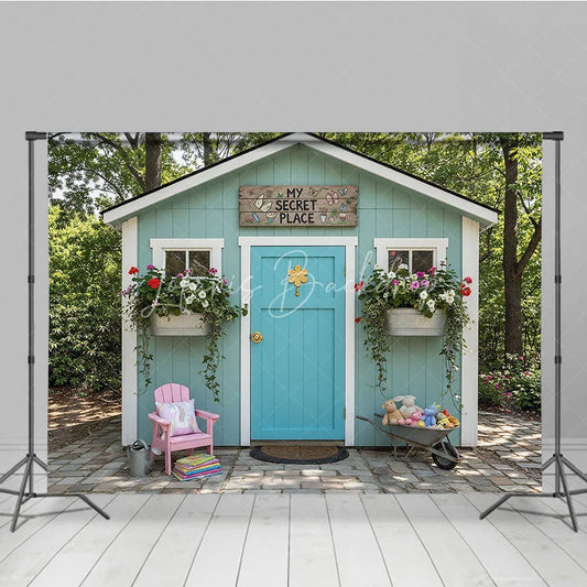 Lofaris Light Blue Playhouse Photography Backdrop with Turquoise Door My Secret Place Sign and Colorful Garden Flowers