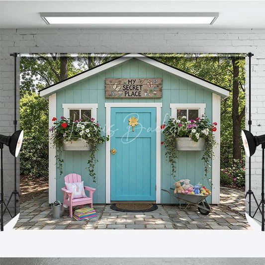 Lofaris Light Blue Playhouse Photography Backdrop with Turquoise Door My Secret Place Sign and Colorful Garden Flowers