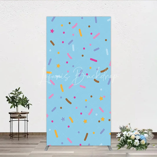 Lofaris Light Blue Rectangle Arch Backdrop with Colorful Sprinkles and Stars Pattern Sweet Candy Theme for Birthday Party Decor