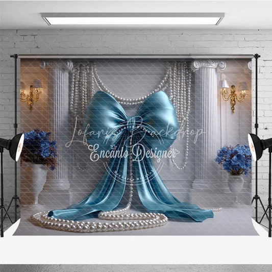 Lofaris Light Blue Satin Bow and Elegant Pearls Backdrop Classical Column Wedding Bridal Party Decoration