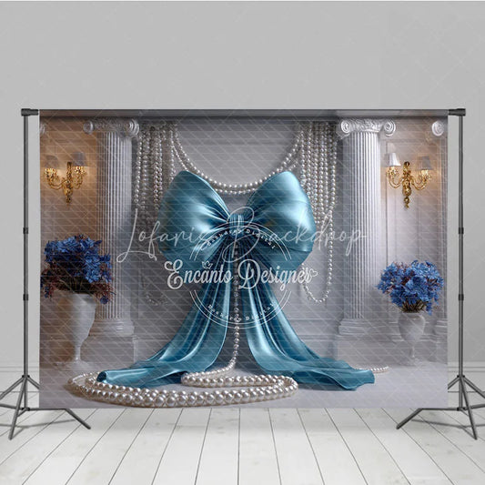 Lofaris Light Blue Satin Bow and Elegant Pearls Backdrop Classical Column Wedding Bridal Party Decoration