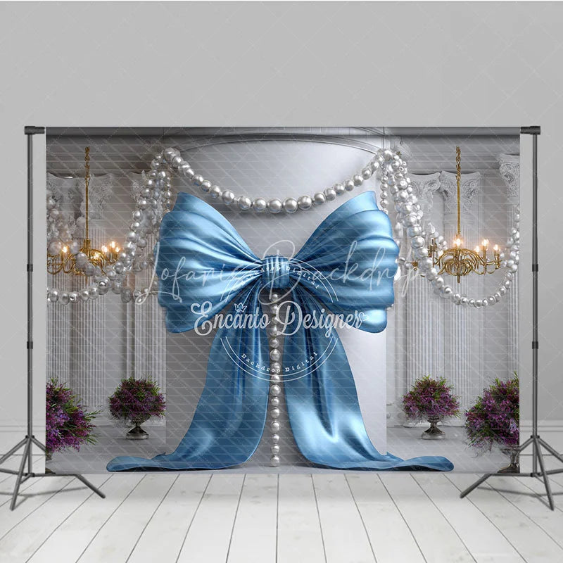 Lofaris Light Blue Satin Bow and Pearl Chandelier Photography Backdrop Elegant Baby Shower Birthday Party Decor