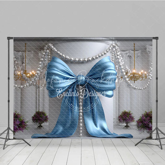 Lofaris Light Blue Satin Bow and Pearl Chandelier Photography Backdrop Elegant Baby Shower Birthday Party Decor