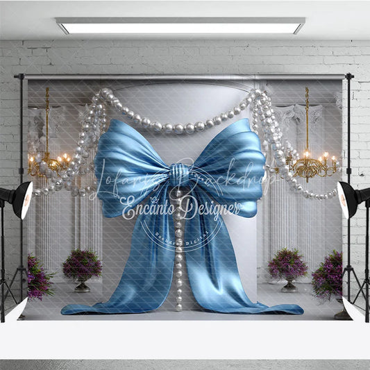 Lofaris Light Blue Satin Bow and Pearl Chandelier Photography Backdrop Elegant Baby Shower Birthday Party Decor