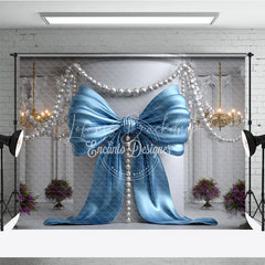 Lofaris Light Blue Satin Bow and Pearl Chandelier Photography Backdrop Elegant Baby Shower Birthday Party Decor