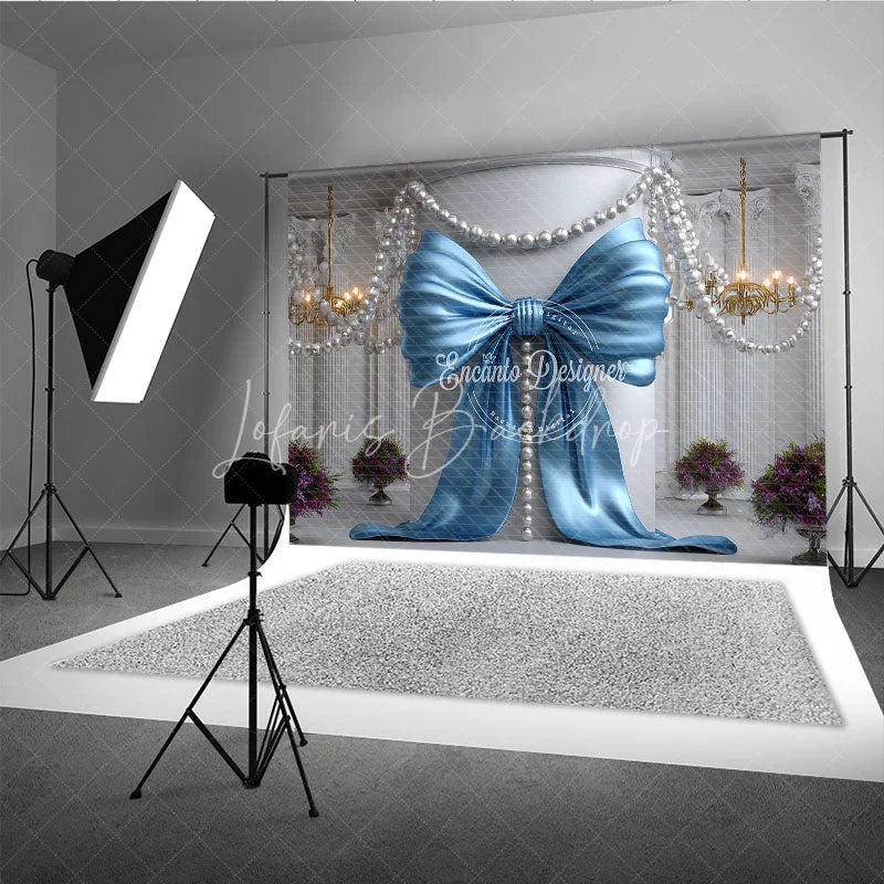 Lofaris Light Blue Satin Bow and Pearl Chandelier Photography Backdrop Elegant Baby Shower Birthday Party Decor