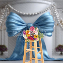 Lofaris Light Blue Satin Bow and Pearl Chandelier Photography Backdrop Elegant Baby Shower Birthday Party Decor