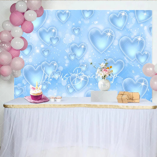 Lofaris Light Blue Sparkling Hearts Bokeh Glitter Y2K Birthday Backdrop Dreamy Celebration Party Photography Decor
