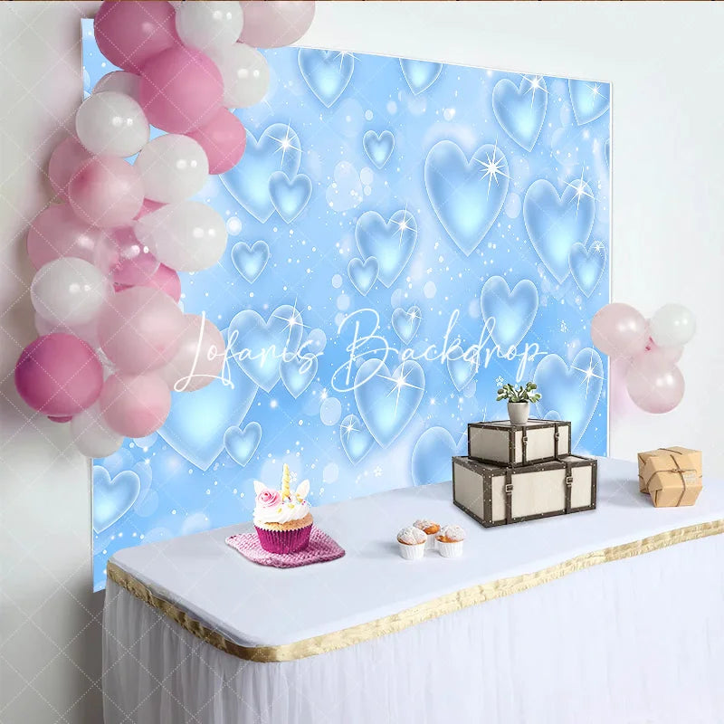 Lofaris Light Blue Sparkling Hearts Bokeh Glitter Y2K Birthday Backdrop Dreamy Celebration Party Photography Decor