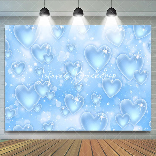 Lofaris Light Blue Sparkling Hearts Bokeh Glitter Y2K Birthday Backdrop Dreamy Celebration Party Photography Decor