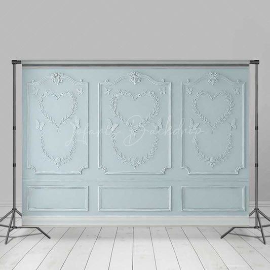 Lofaris Light Blue Wall Photography Backdrop with Heart Shaped Wreaths and Butterflies Romantic Studio Photo Prop
