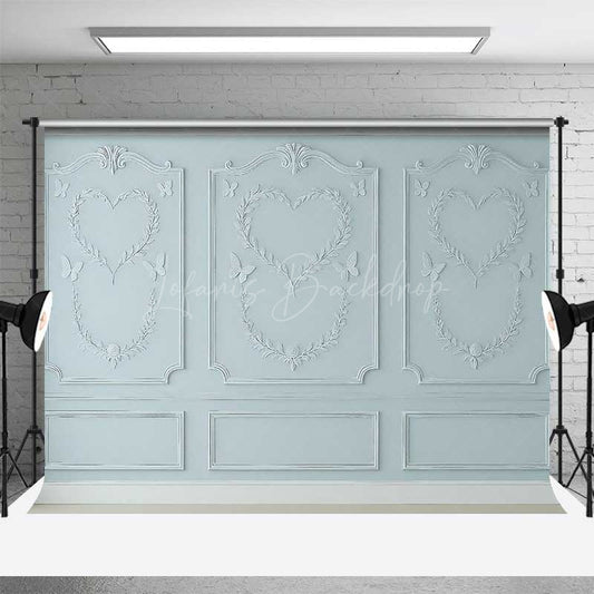 Lofaris Light Blue Wall Photography Backdrop with Heart Shaped Wreaths and Butterflies Romantic Studio Photo Prop