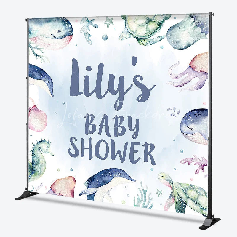 Lofaris Light Blue Watercolor Ocean Sea Creatures Personalized Name Baby Shower Custom Backdrop Under the Theme Party Decor