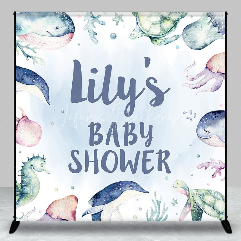 Lofaris Light Blue Watercolor Ocean Sea Creatures Personalized Name Baby Shower Custom Backdrop Under the Theme Party Decor