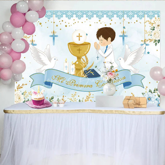 Lofaris Light Blue White Gold First Communion Theme Birthday Backdrop Praying Boy Chalice Doves Floral Decor.