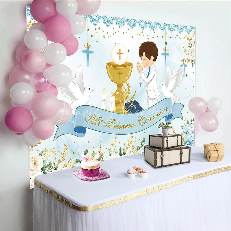 Lofaris Light Blue White Gold First Communion Theme Birthday Backdrop Praying Boy Chalice Doves Floral Decor.