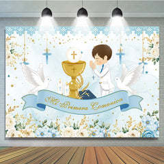 Lofaris Light Blue White Gold First Communion Theme Birthday Backdrop Praying Boy Chalice Doves Floral Decor.