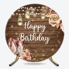 Lofaris Light Floral Cowgirl Wooded Round Birthday Backdrop