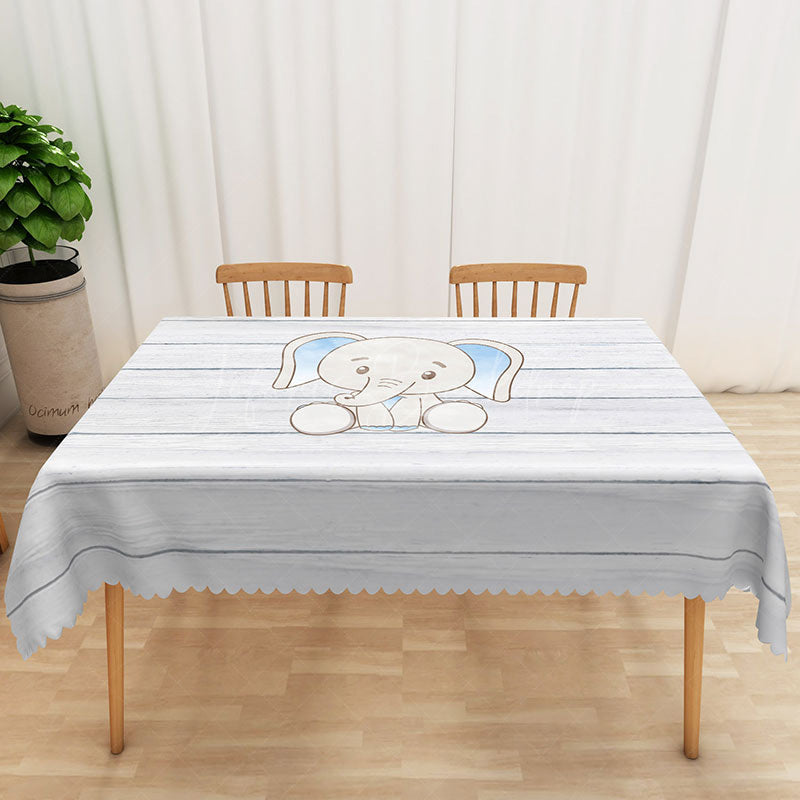 Lofaris Light Gray Striped Rectangle Tablecloth with Elephant Pattern for Safari Nursery or Baby Shower Decor