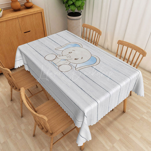 Lofaris Light Gray Striped Rectangle Tablecloth with Elephant Pattern for Safari Nursery or Baby Shower Decor
