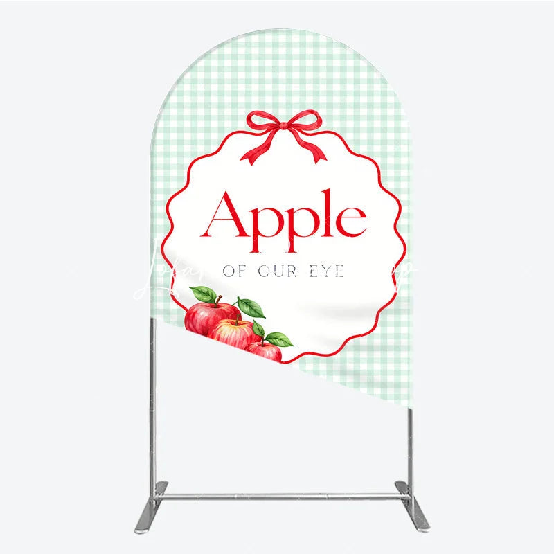 Lofaris Light Green Gingham Apple of Our Eye Round Top Arch Backdrop Red Bow and Apples Baby Shower Decor