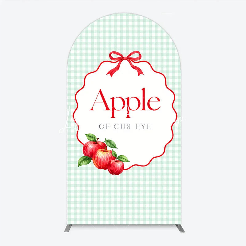 Lofaris Light Green Gingham Apple of Our Eye Round Top Arch Backdrop Red Bow and Apples Baby Shower Decor