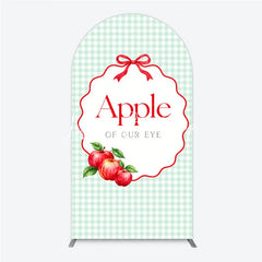 Lofaris Light Green Gingham Apple of Our Eye Round Top Arch Backdrop Red Bow and Apples Baby Shower Decor