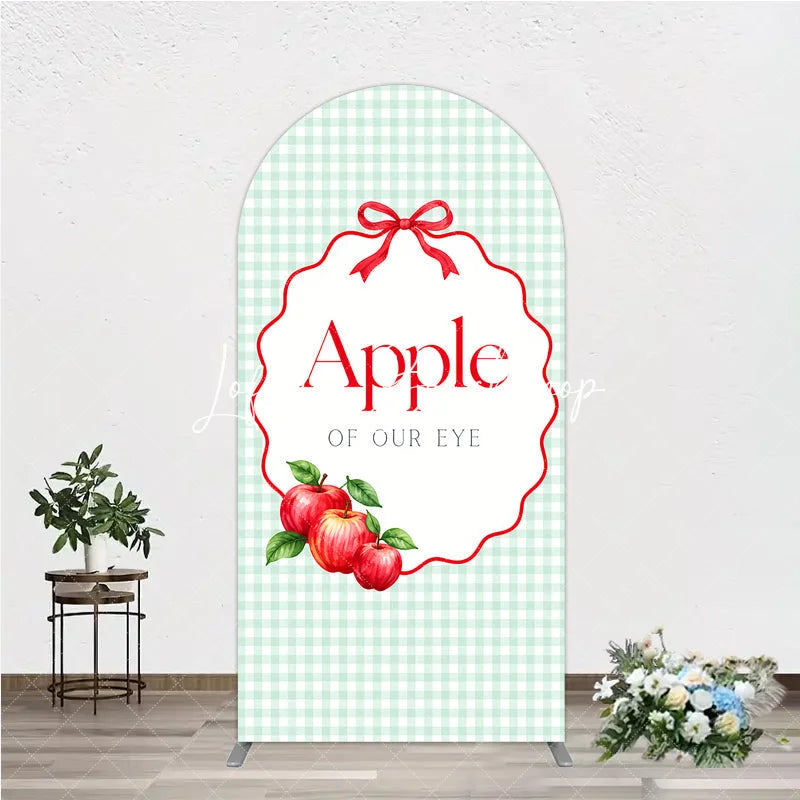 Lofaris Light Green Gingham Apple of Our Eye Round Top Arch Backdrop Red Bow and Apples Baby Shower Decor
