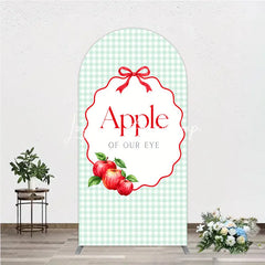 Lofaris Light Green Gingham Apple of Our Eye Round Top Arch Backdrop Red Bow and Apples Baby Shower Decor
