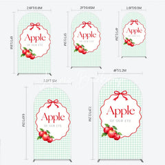 Lofaris Light Green Gingham Apple of Our Eye Round Top Arch Backdrop Red Bow and Apples Baby Shower Decor