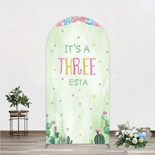 Lofaris Light Green Watercolor Mexican Fiesta Round Top Arch Backdrop It’s a Three Birthday Party with Cactus and Papel Picado