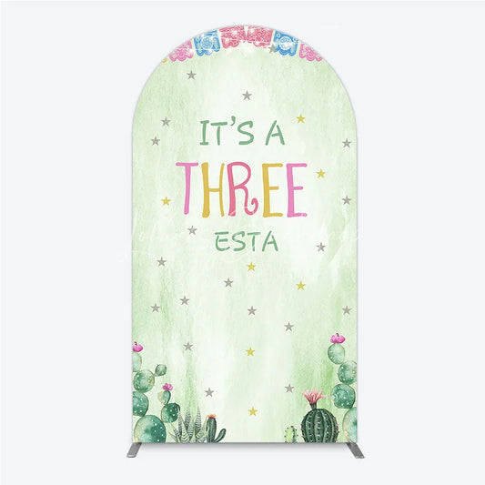 Lofaris Light Green Watercolor Mexican Fiesta Round Top Arch Backdrop It’s a Three Birthday Party with Cactus and Papel Picado