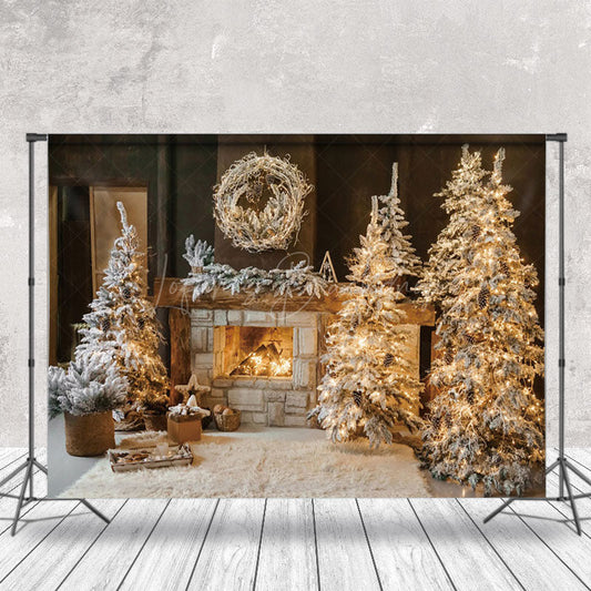 Lofaris Light Pine Leaves Wood Fireplace Christmas Backdrop