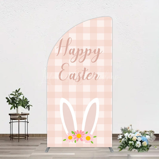 Lofaris Light Pink Plaid Floral Bunny Ear Easter Half Moon Arch Backdrop