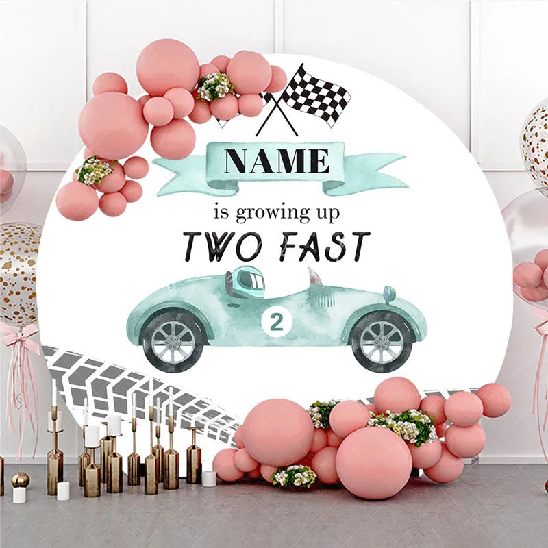 Lofaris Light Teal Vintage Race Car Two Fast Round Backdrop Checkered Flags Second Birthday Party Celebration