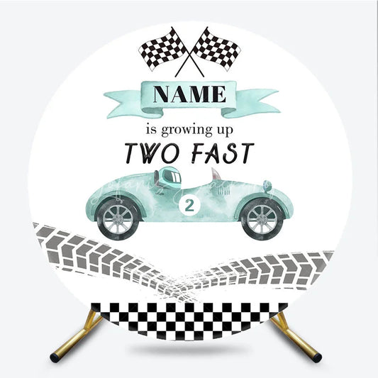 Lofaris Light Teal Vintage Race Car Two Fast Round Backdrop Checkered Flags Second Birthday Party Celebration
