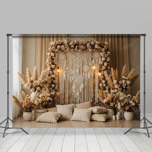 Lofaris Lighted Boho Floral Tassel Pillow Photo Backdrop