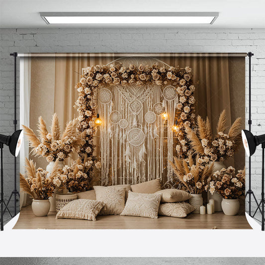 Lofaris Lighted Boho Floral Tassel Pillow Photo Backdrop