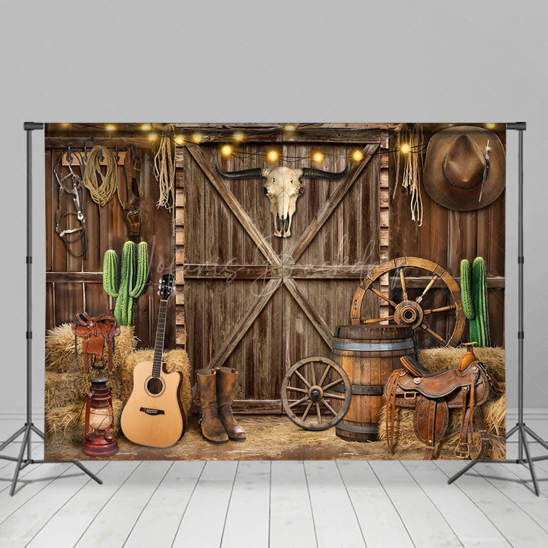 Lofaris Lighted Brown Western Cowboy Barn Room Set Backdrop